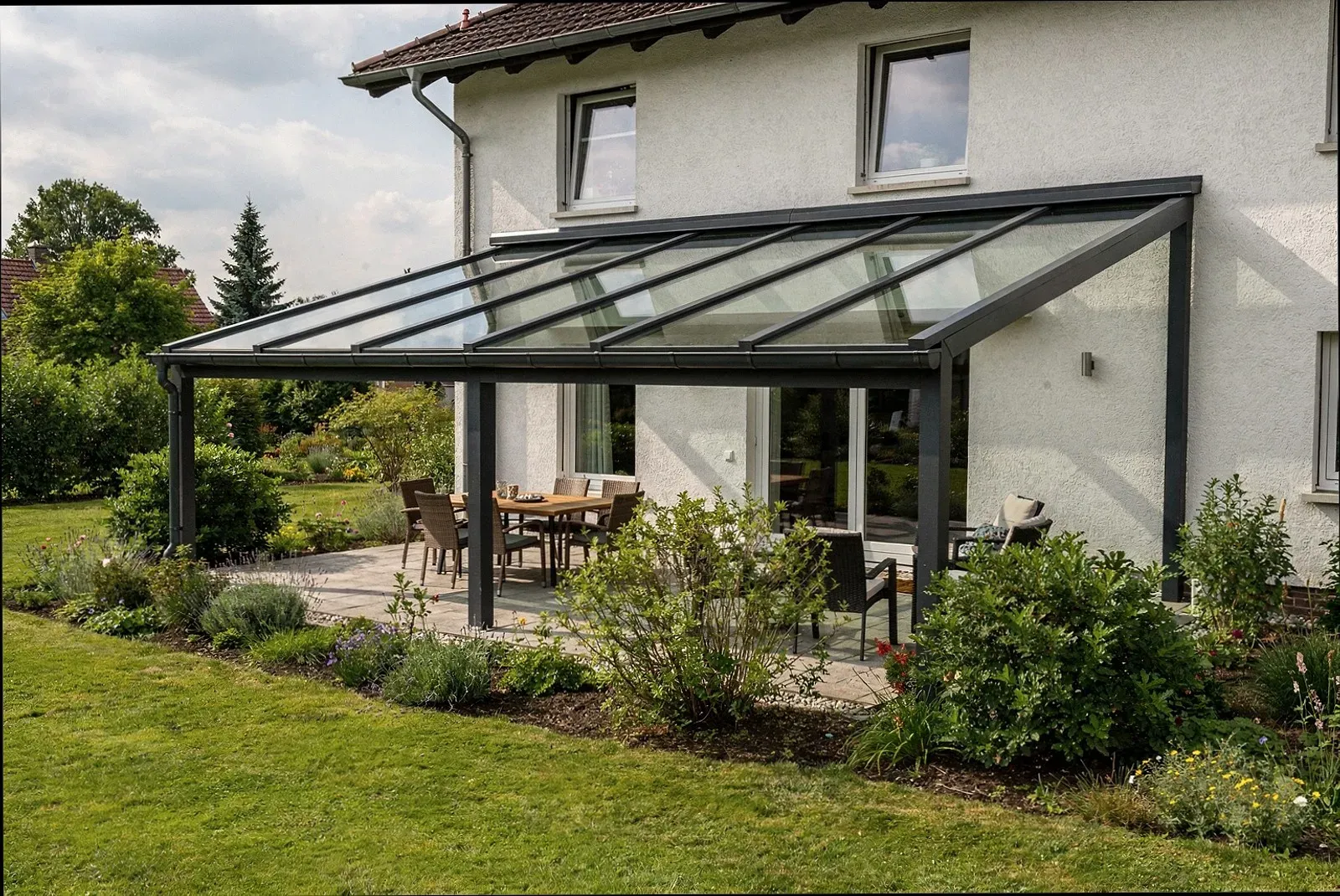 Terrassenüberdachung mit Glasdach an einem Einfamilienhaus in Roth
